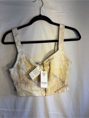 GUESS Marble-Print Front-Zip Crop Top in Cream and Pale Yellow